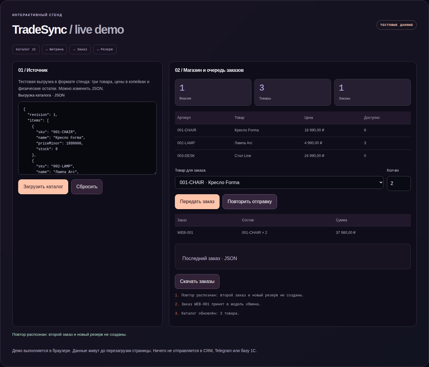 TradeSync — a 1C exchange lab — interactive demo