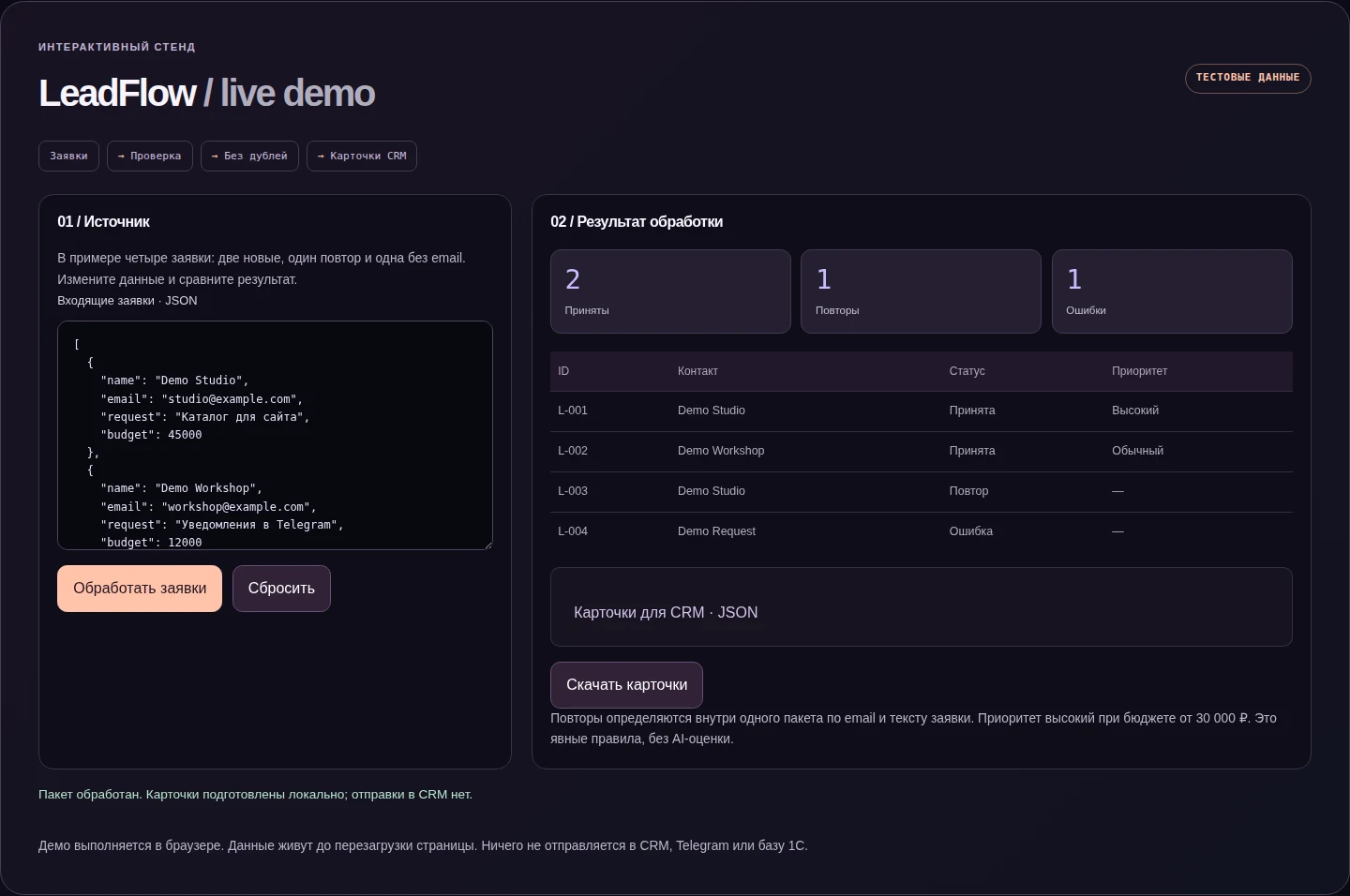 LeadFlow — request processing in n8n — interactive demo