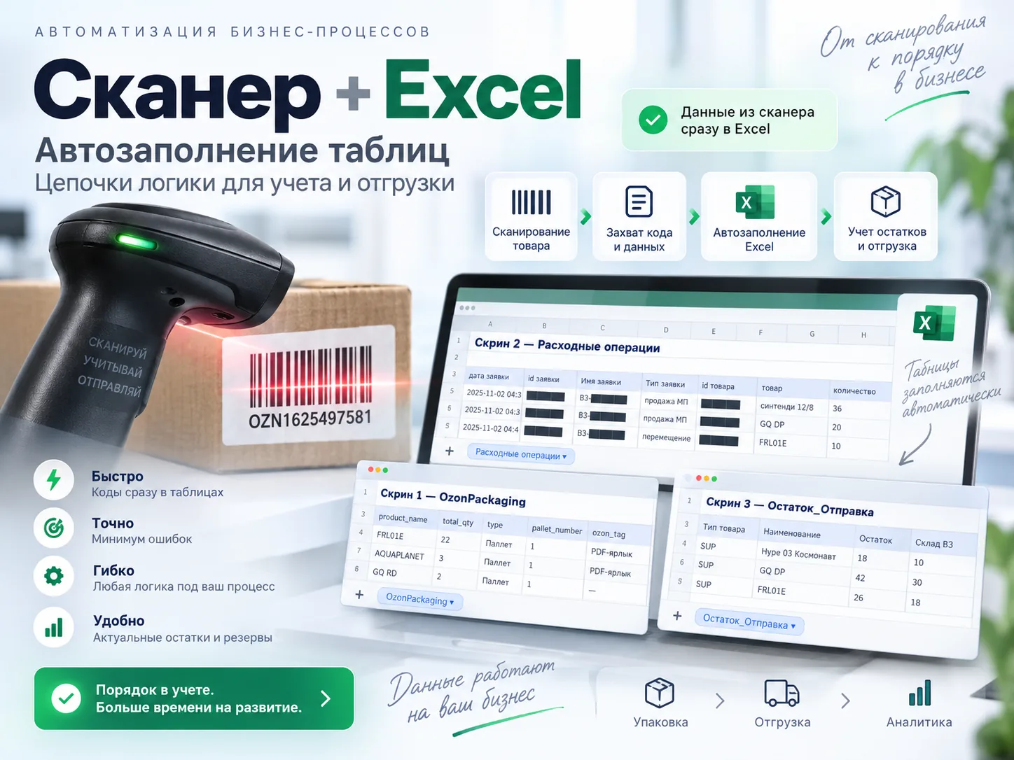 Ozon-склад. Сканер → Excel.