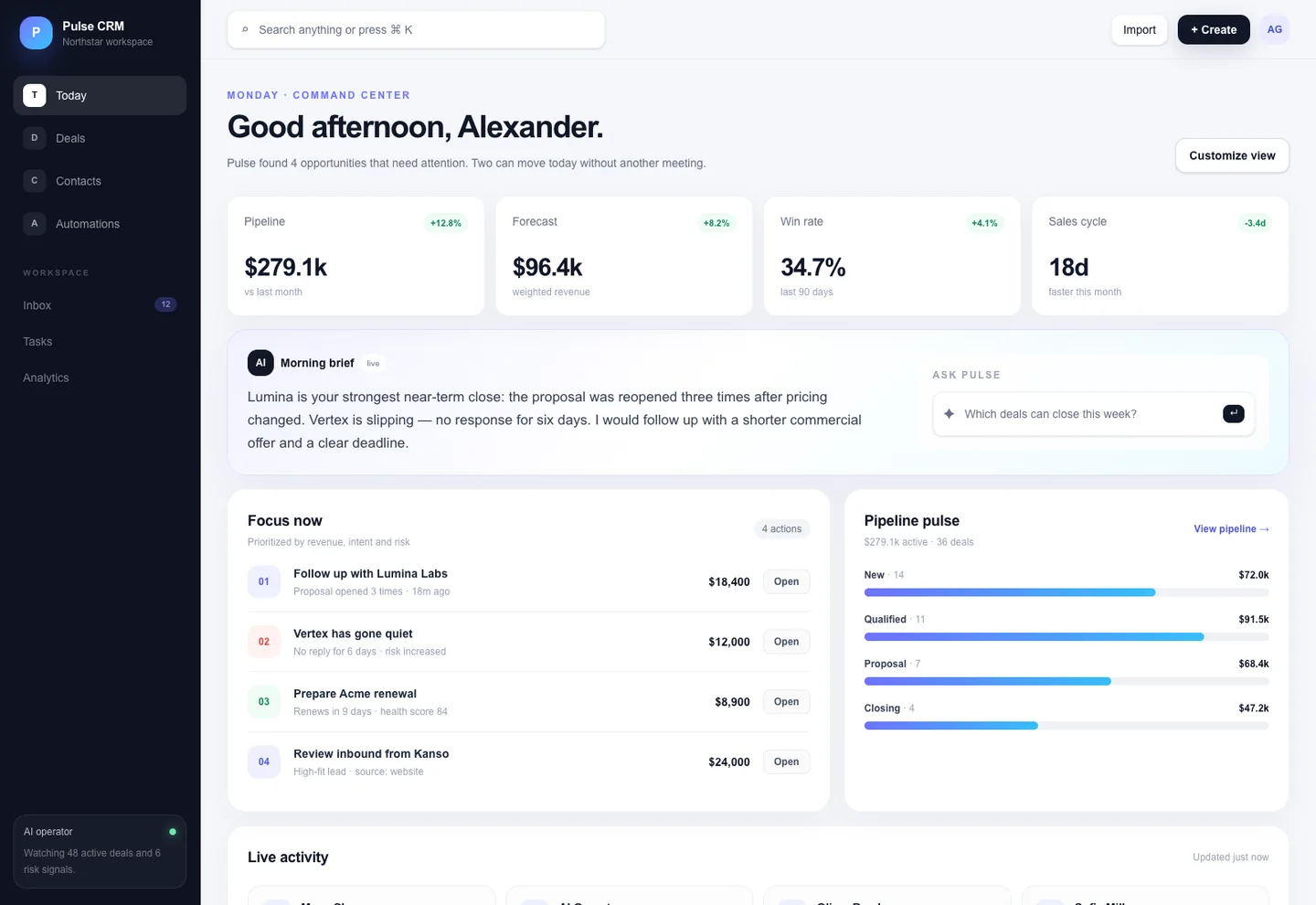 Реальный интерфейс Pulse CRM: обзор сделок